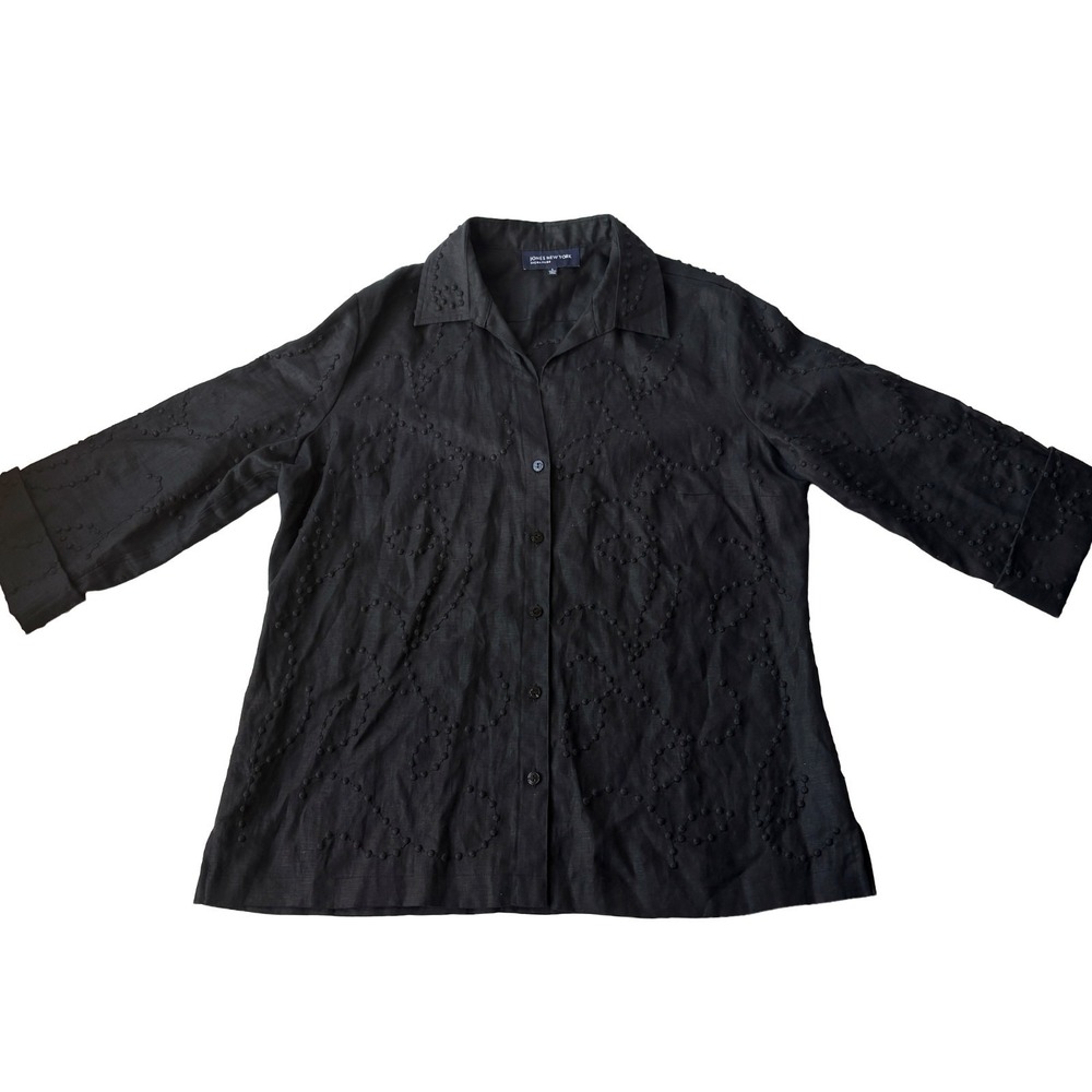VTG Jones New York Signature Embroidered Dot 100% Linen Blouse Womens Sz L Black